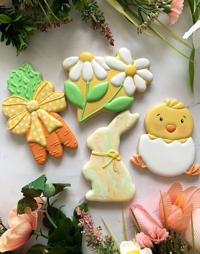 flower, bunny, chick decorated cookies
