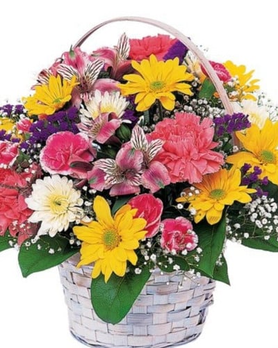 white basket with colorful flowers